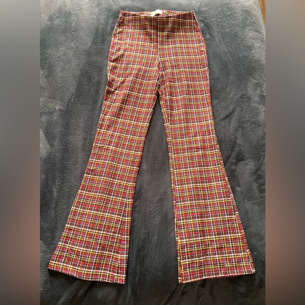 Urban Outfitters red purple and yellow plaid bootcut fitted pants